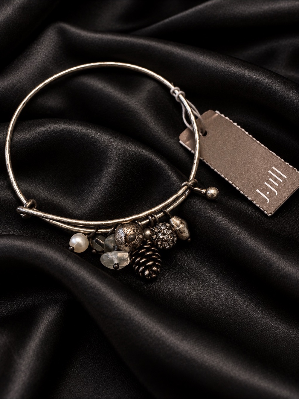 J.Jill NWT Silver Tone Charm Bangle Bracelet Pinecone Pearl Stone